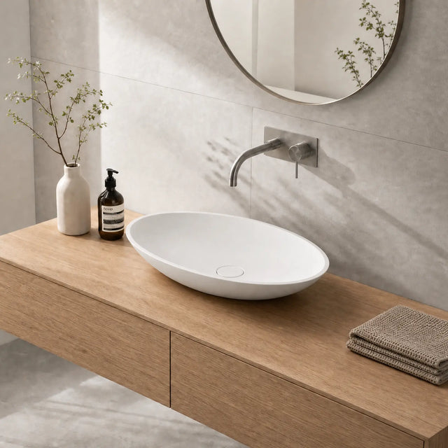 Bathroom vanity with a white sink, wooden cabinet, and decorative items.