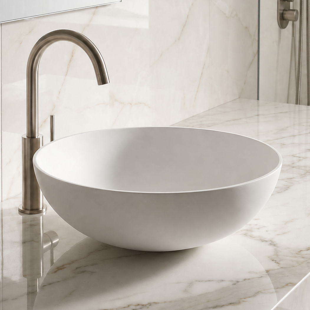 Bathroom sink with marble countertop and tiled wall