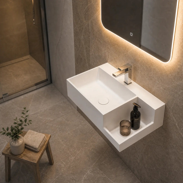 A modern wall-mounted white rectangular sink with a chrome faucet, shown installed in a bathroom with gray stone tile walls and floor. An illuminated rectangular mirror hangs above, and a small wooden stool with a plant and folded towels sits nearby.