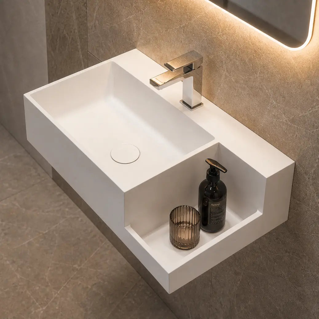 A modern wall-mounted white rectangular sink with a chrome faucet, shown installed in a bathroom with gray stone tile walls and floor. An illuminated rectangular mirror hangs above, and a small wooden stool with a plant and folded towels sits nearby.