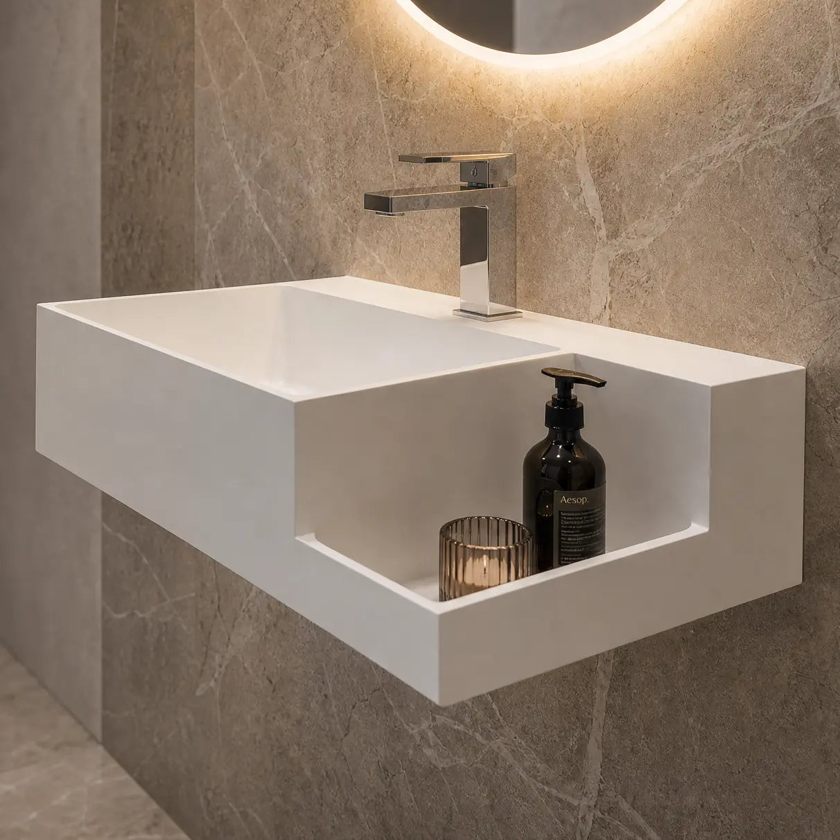 A modern floating white rectangular bathroom sink with a chrome faucet, mounted on a textured gray stone wall beneath a glowing round mirror. A small plant and folded towels sit on a wooden stool in the foreground.