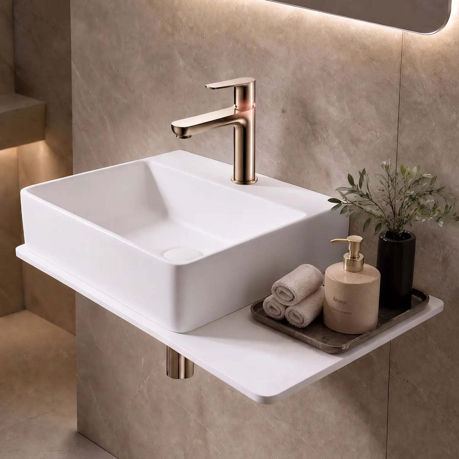 A modern wall-mounted bathroom sink with a rectangular white basin and a matte brass faucet, shown installed on a beige stone wall with warm ambient lighting.
