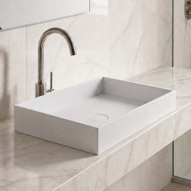Modern bathroom with marble vanity and solid surfaces basin