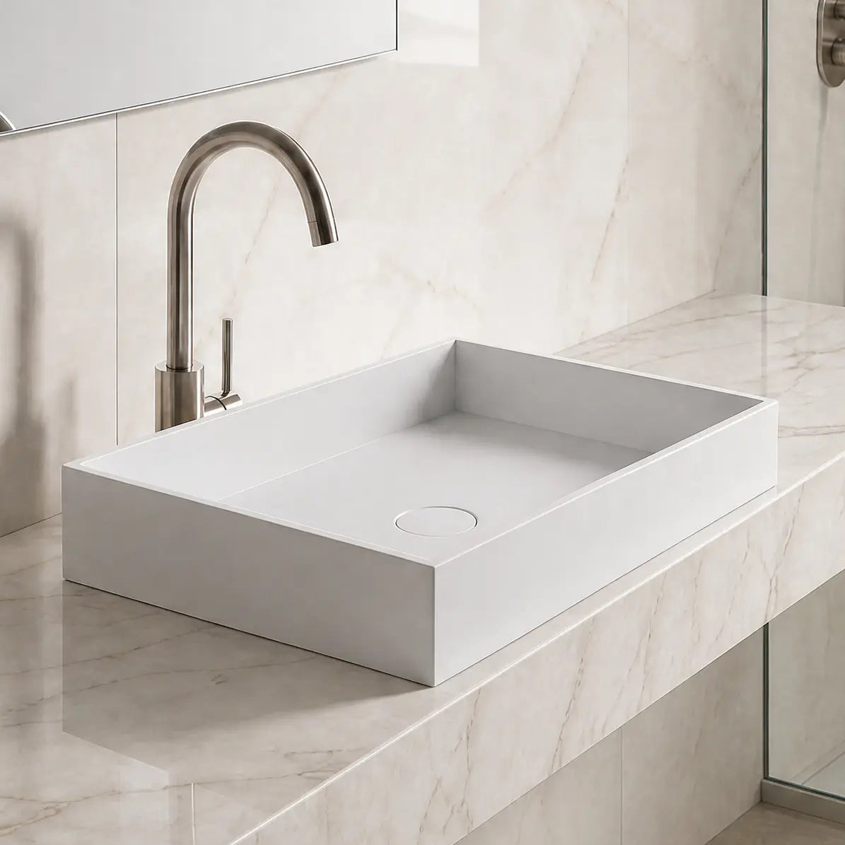 Modern bathroom with marble vanity and solid surfaces basin