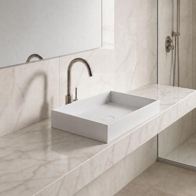 Modern bathroom with marble vanity and solid surfaces sink