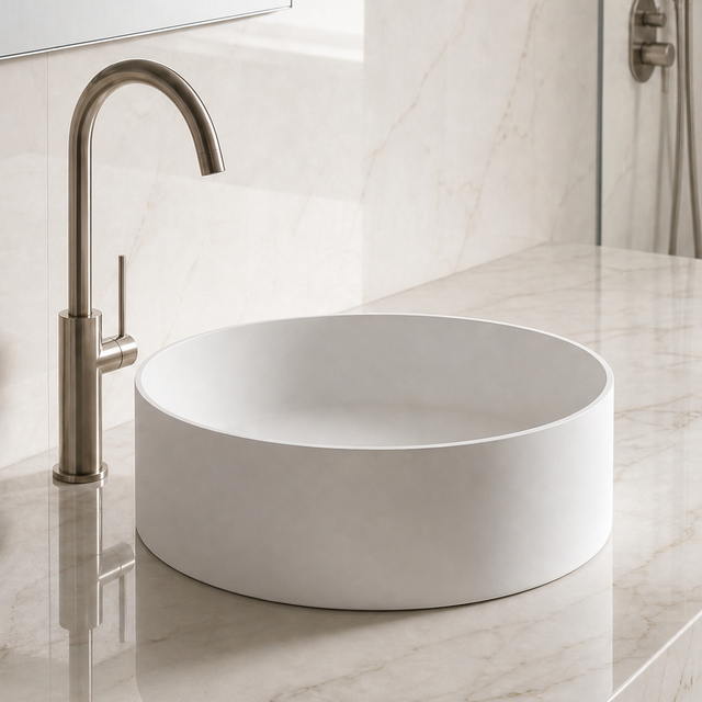 Modern bathroom with a round solid surfaces white sink and bronze faucet on a marble countertop.