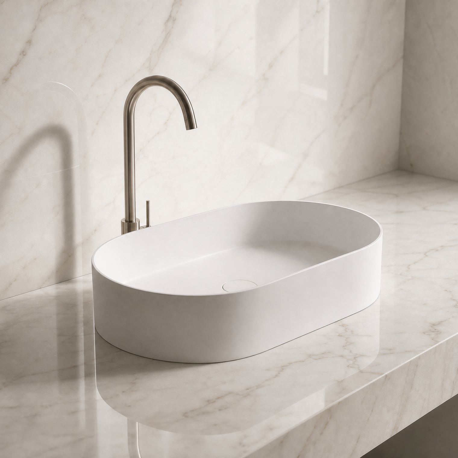 White Solid Surfaces oval sink on a marble countertop with a matching wall.