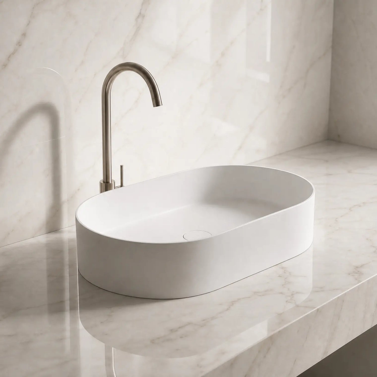 White Solid Surfaces oval sink on a marble countertop with a matching wall.