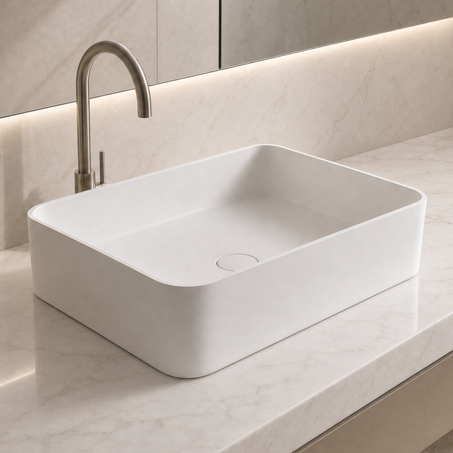 Modern bathroom sink with faucet on a light-colored countertop