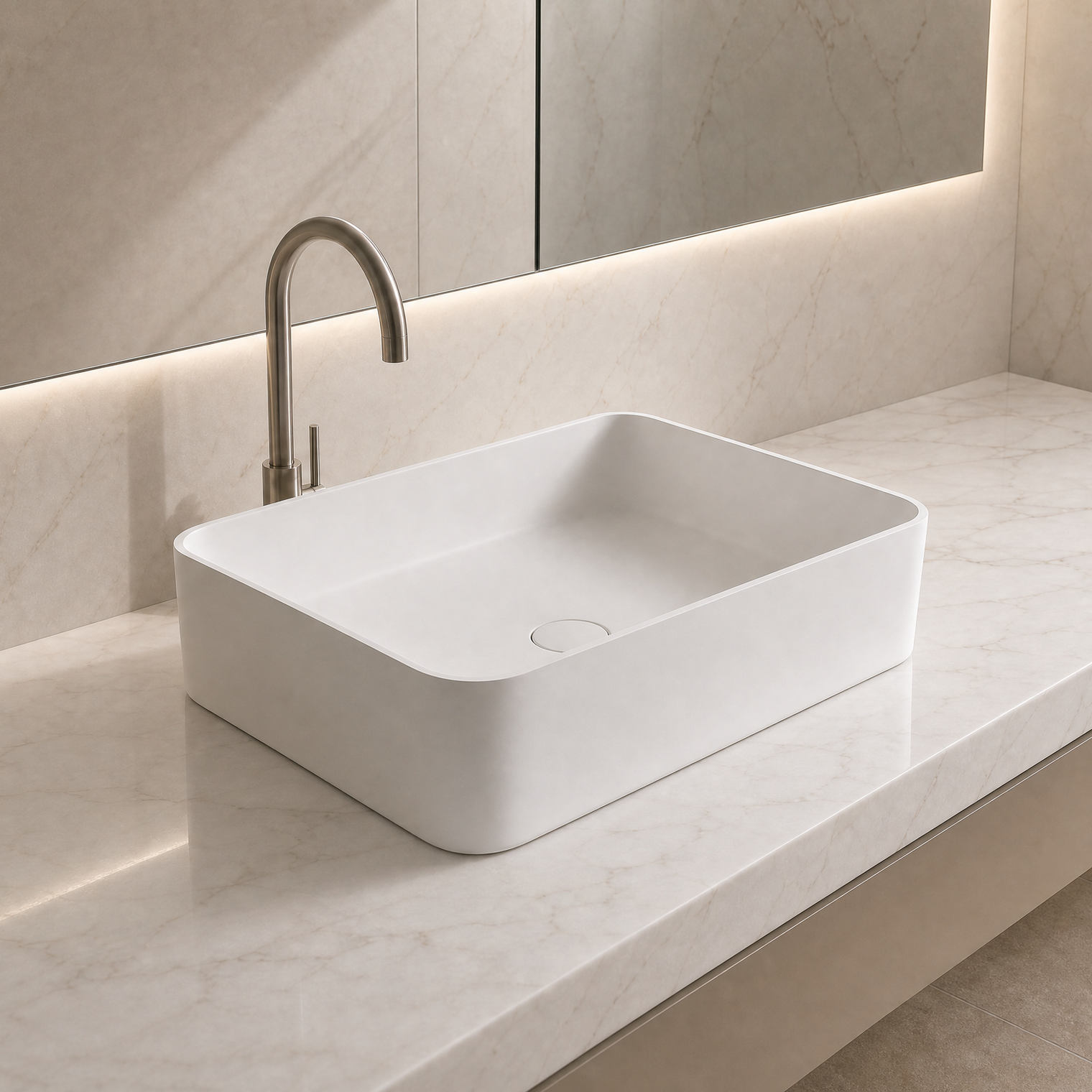 Modern bathroom sink with faucet on a light-colored countertop