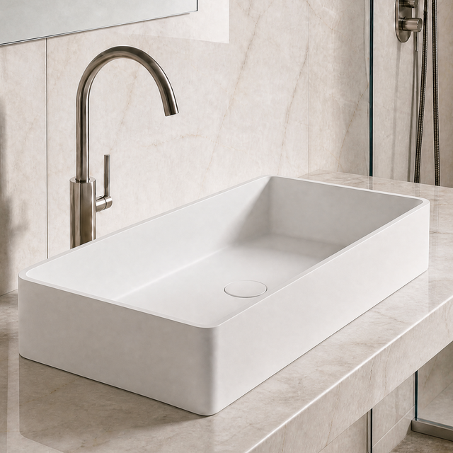 Modern bathroom with a white sink and bronze faucet against a marble wall.