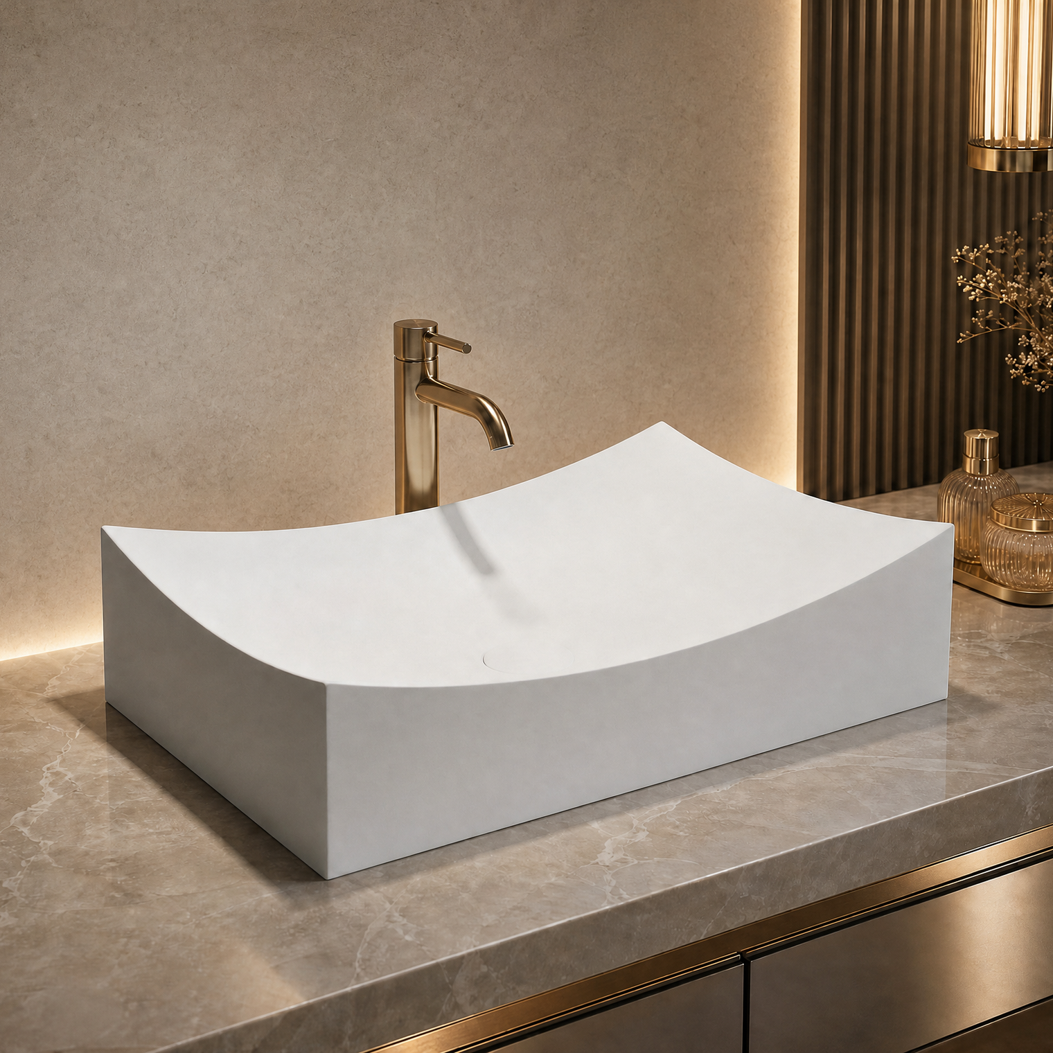 White Solid Surfaces sink on a marble countertop with a gold faucet in a bathroom setting.