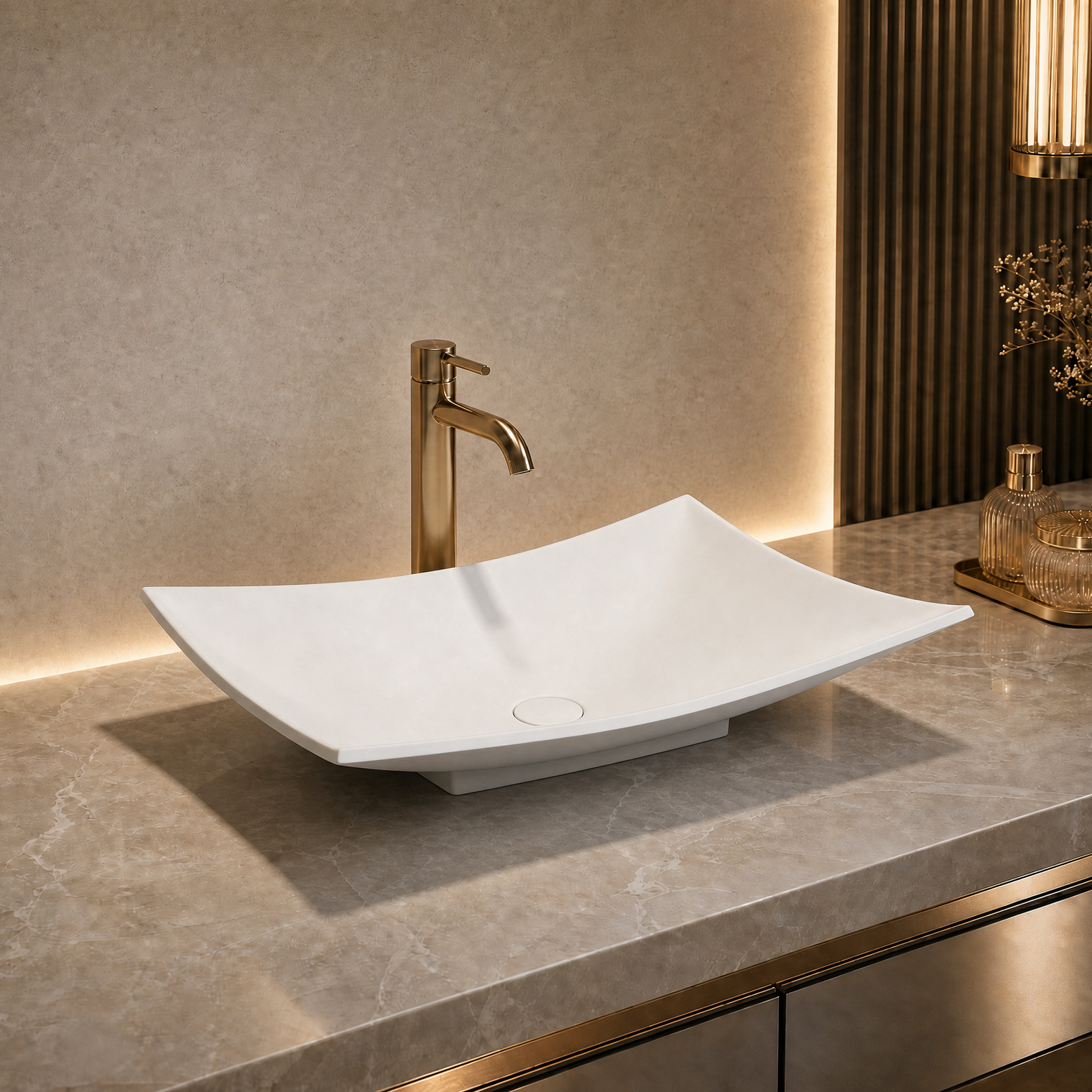 Modern bathroom solid surfaces sink with faucet on a marble countertop