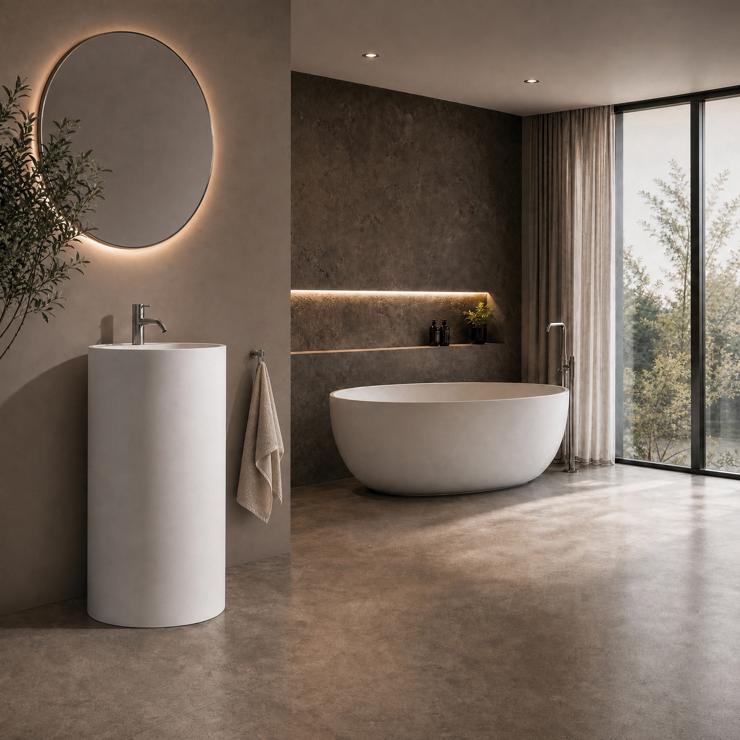 Modern bathroom with a freestanding bathtub, sink, and circular mirror.