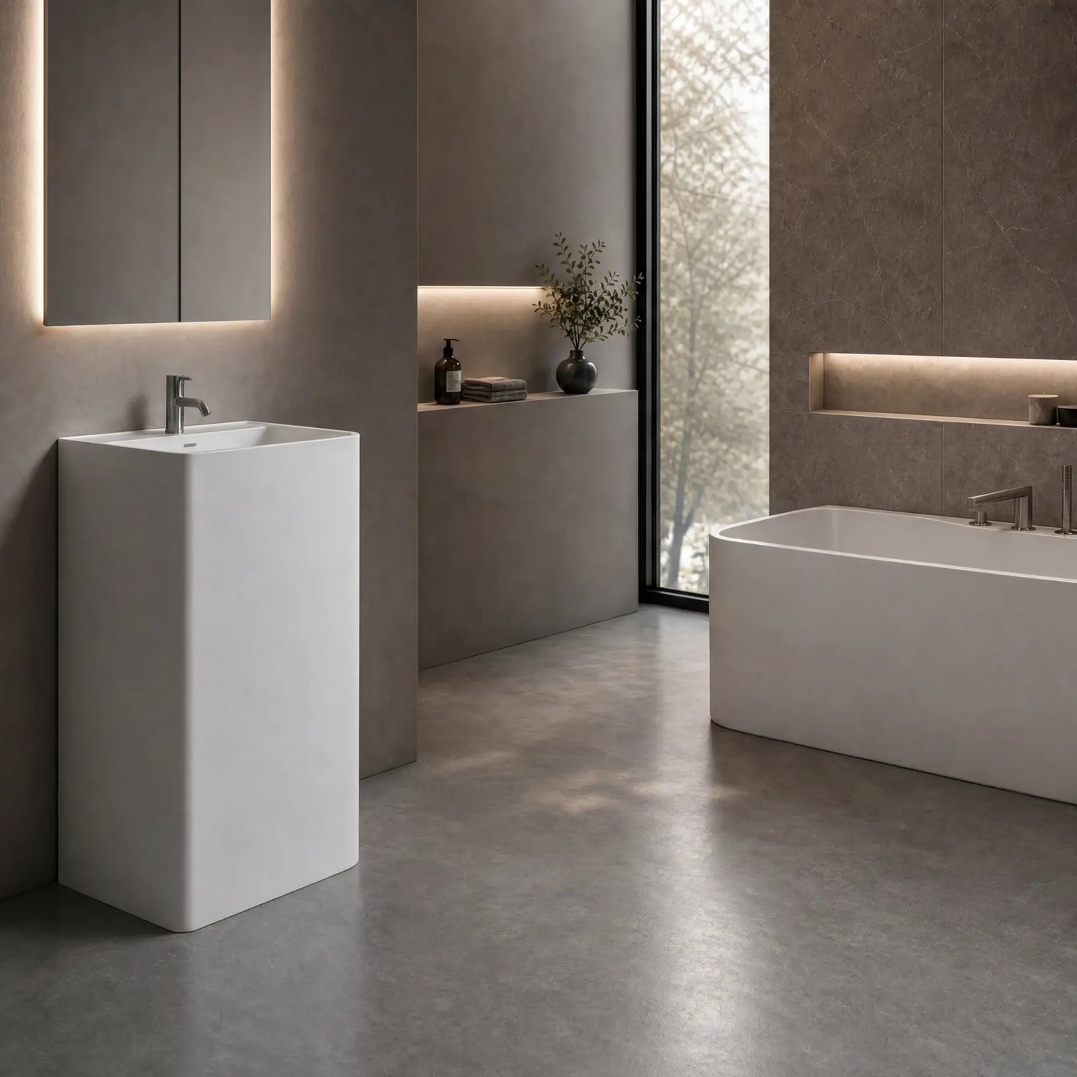 Modern bathroom with a freestanding sink and bathtub.