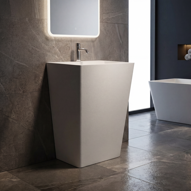 Modern bathroom with a freestanding sink and bathtub.