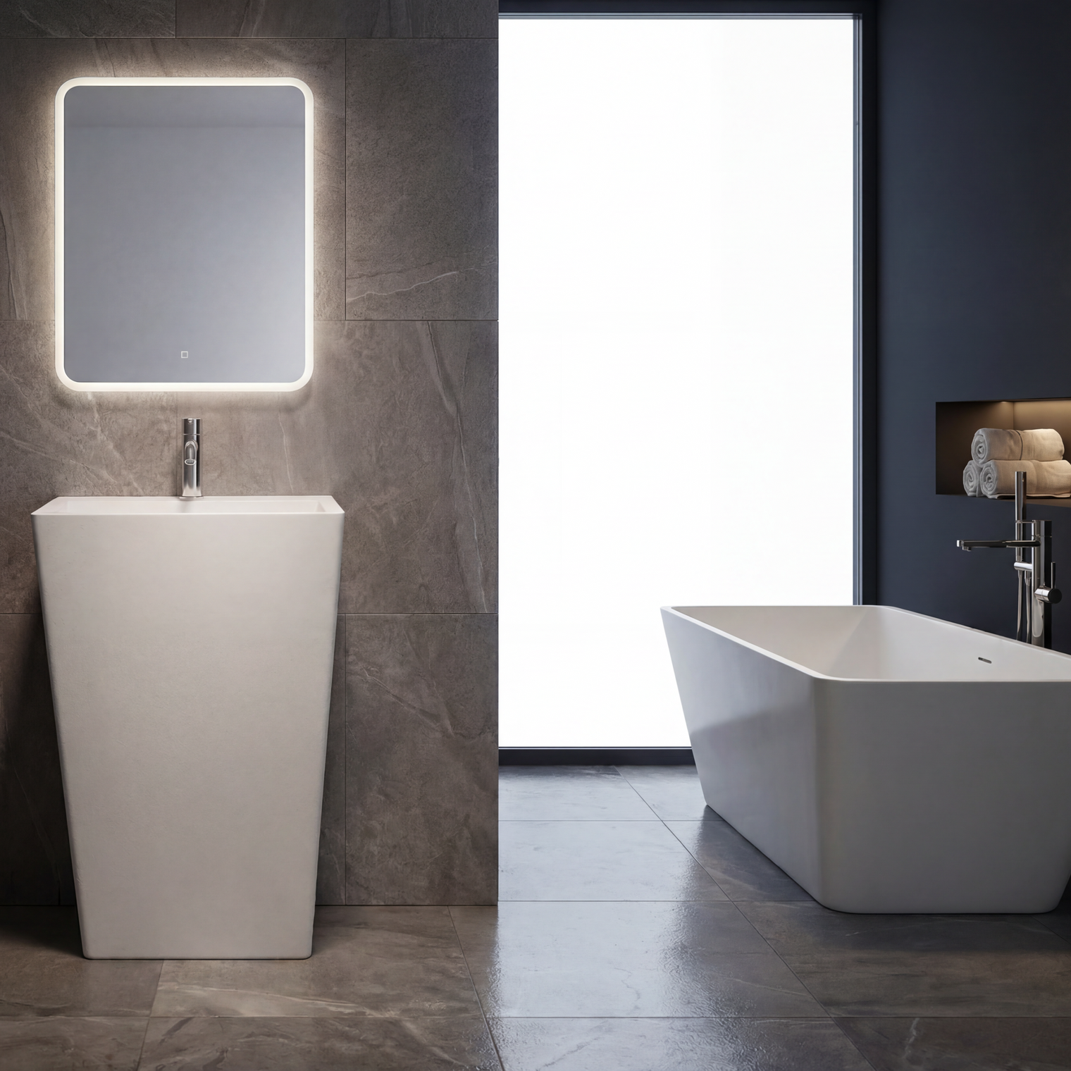 Modern bathroom with a freestanding bathtub and sink against a dark tiled wall.