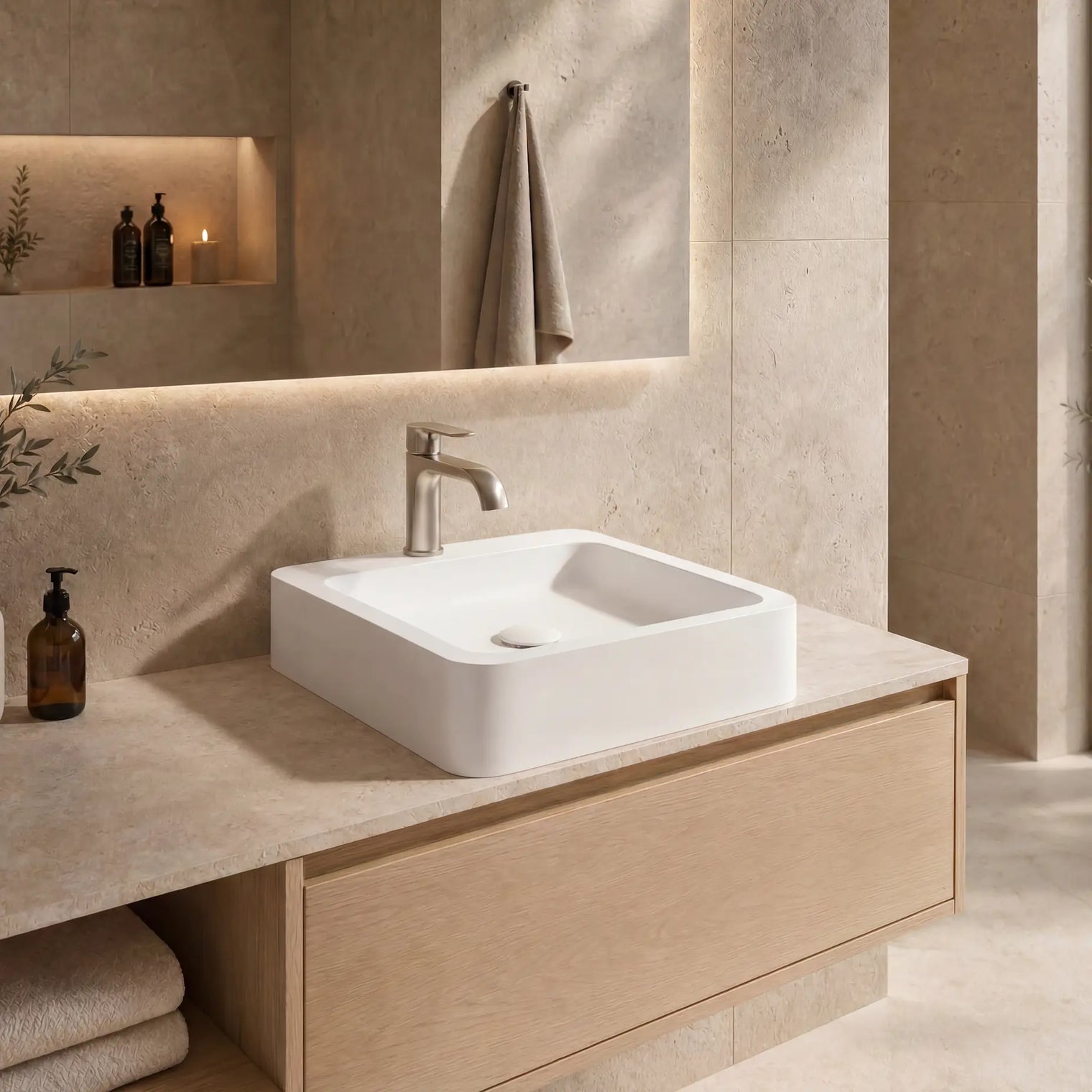 Bathroom vanity with a white sink, light wood cabinets, and decorative elements.