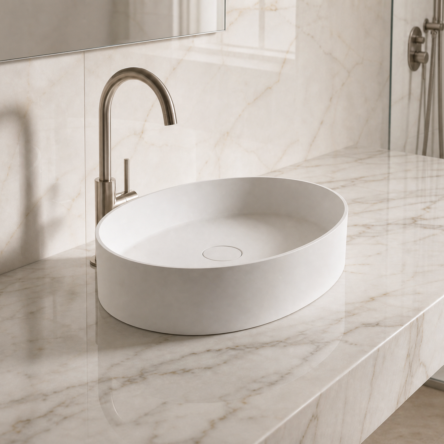 White Solid Surfaces oval sink on a marble countertop with a silver faucet.