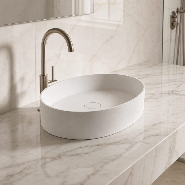 White Solid Surfaces oval sink on a marble countertop with a silver faucet.