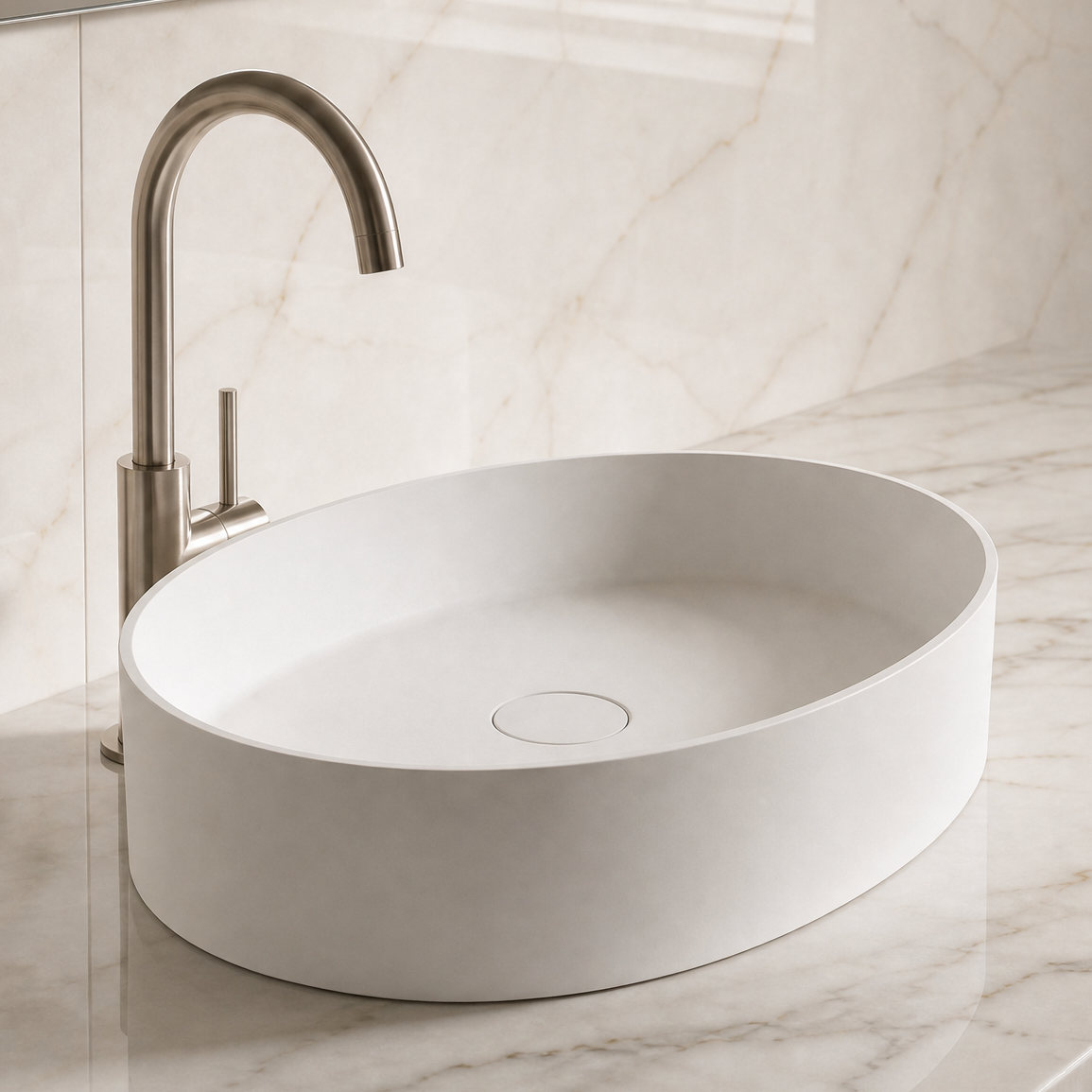White Solid Surfaces oval sink on a marble countertop with a silver faucet.