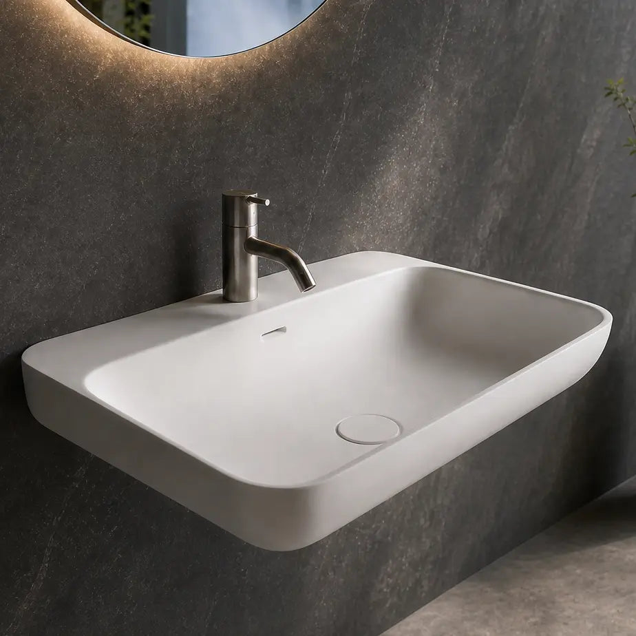 A modern wall-mounted white sink with a chrome faucet in a dark gray bathroom, featuring a large oval mirror and a floor-to-ceiling window with a view of a waterfall.