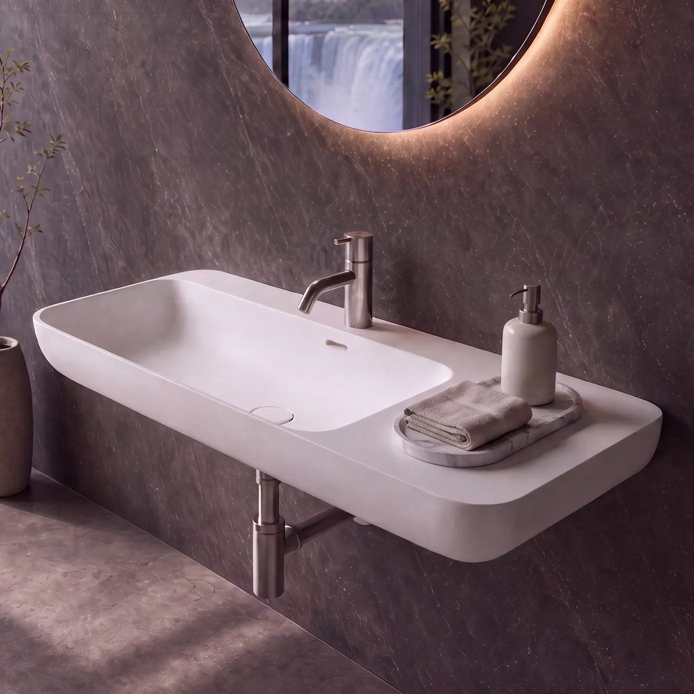 A modern wall-mounted white solid surfaces sink with a chrome faucet, set in a dark stone bathroom with a large circular backlit mirror and a window showing a waterfall landscape.