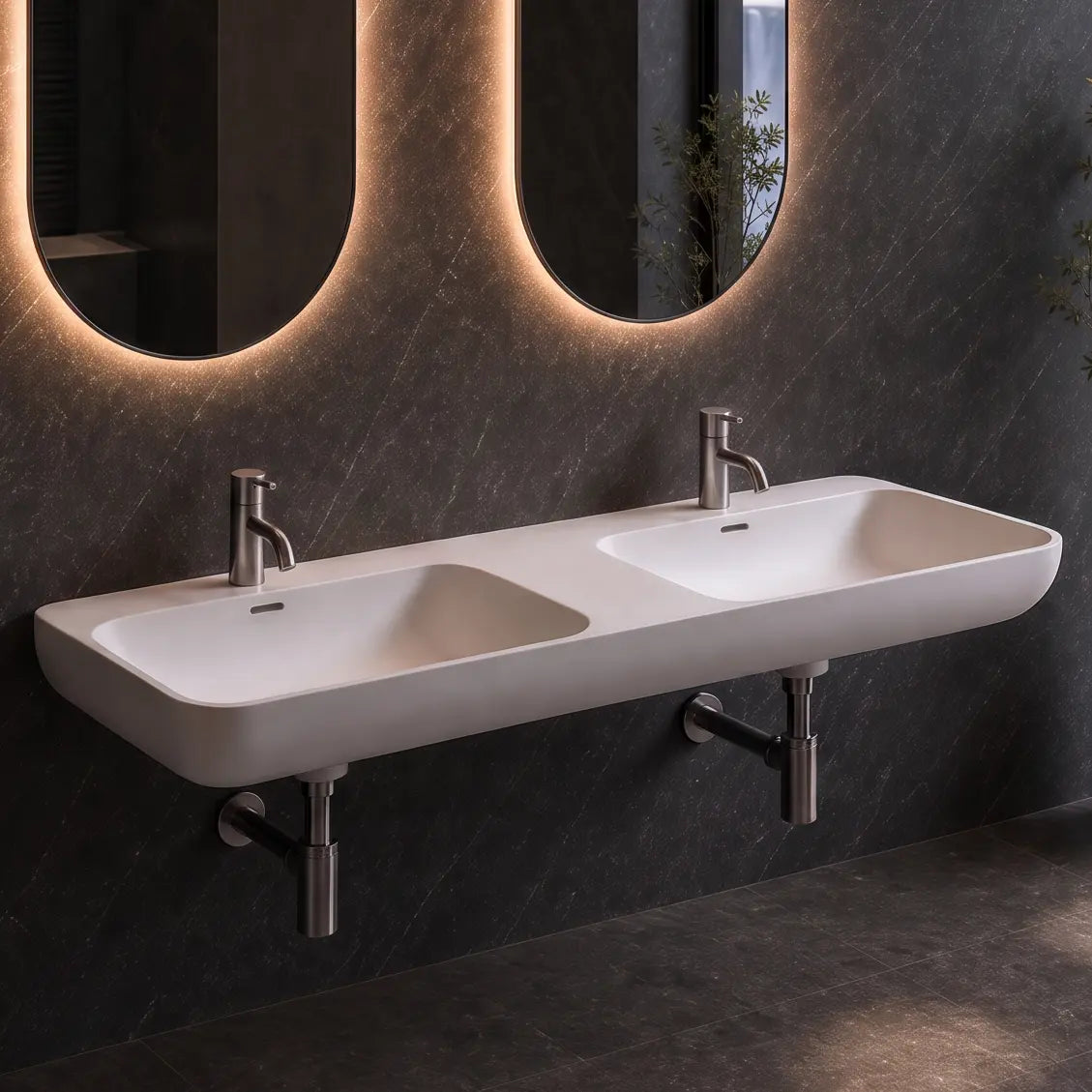 A modern double-sink bathroom wall setup with two illuminated oval mirrors, a white floating basin, chrome faucets, a towel bar, and a large window overlooking a waterfall landscape.