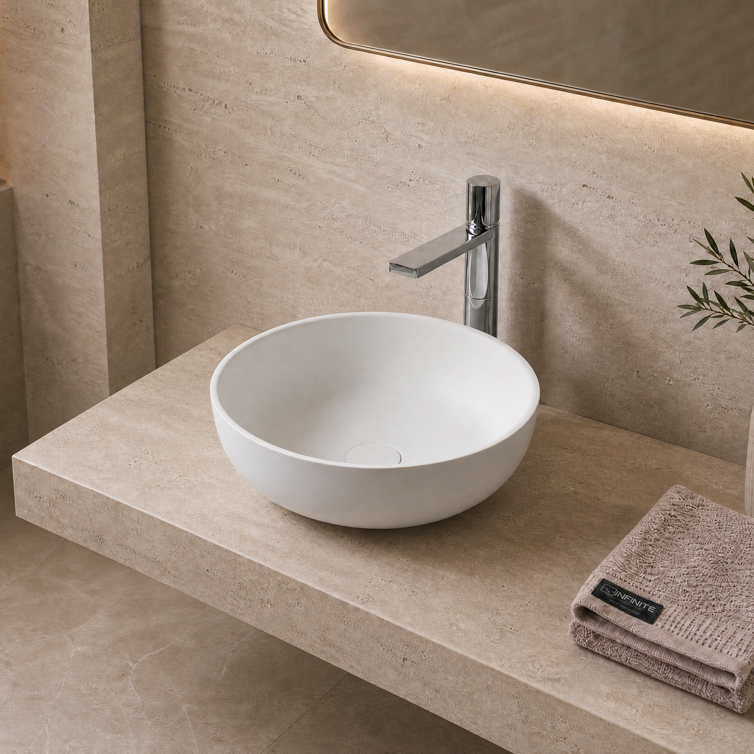Bathroom with a white solid surfaces sink on a stone countertop, illuminated by warm lighting.