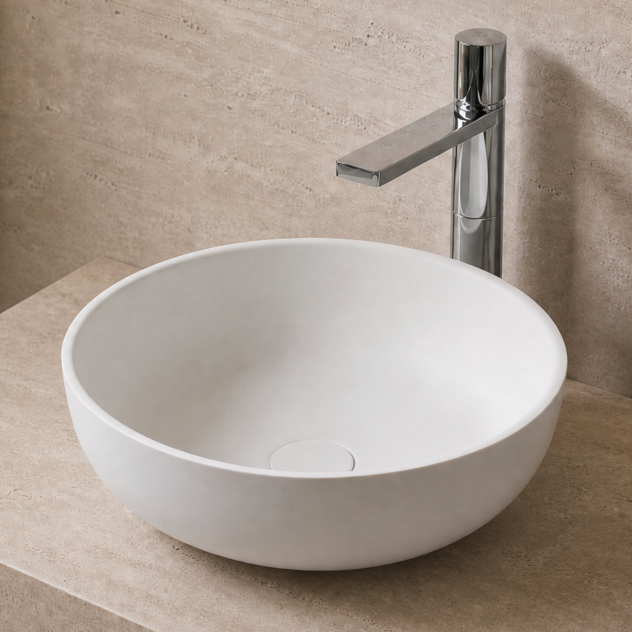Bathroom with a white solid surfaces sink on a stone countertop, illuminated by warm lighting.