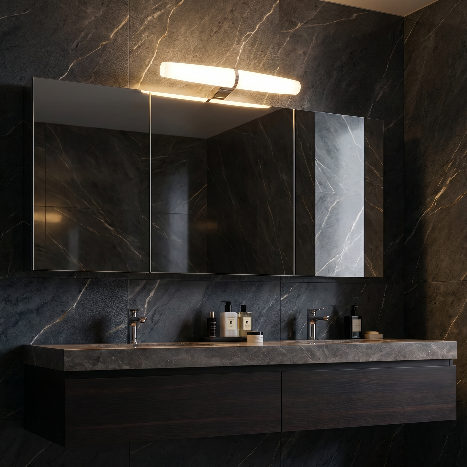 Bathroom vanity with a large mirror in a dark marble setting