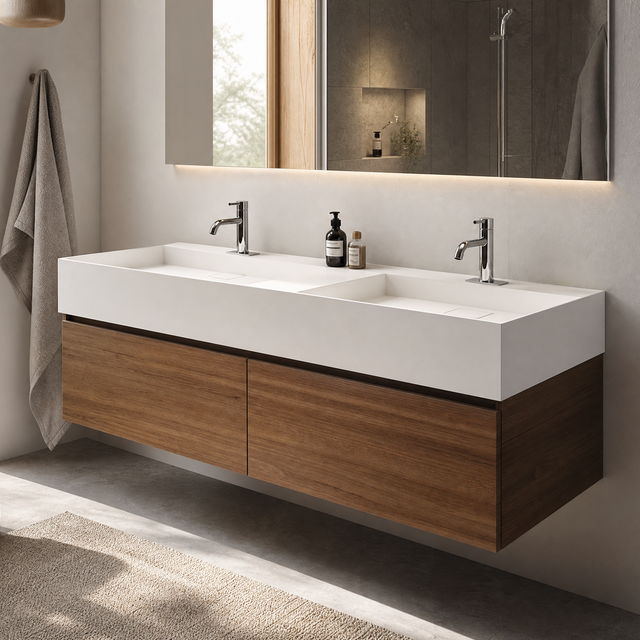 A modern floating double-sink bathroom vanity with a white rectangular countertop and two chrome faucets, mounted on a light gray wall in a bright bathroom setting.