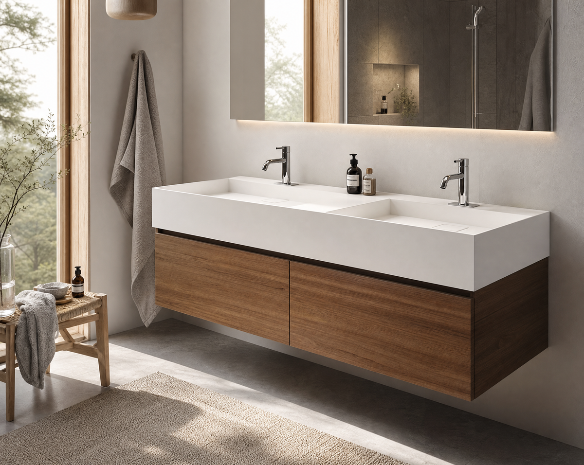 A modern floating double-sink bathroom vanity with a white rectangular countertop and two chrome faucets, mounted on a light gray wall in a bright bathroom setting.