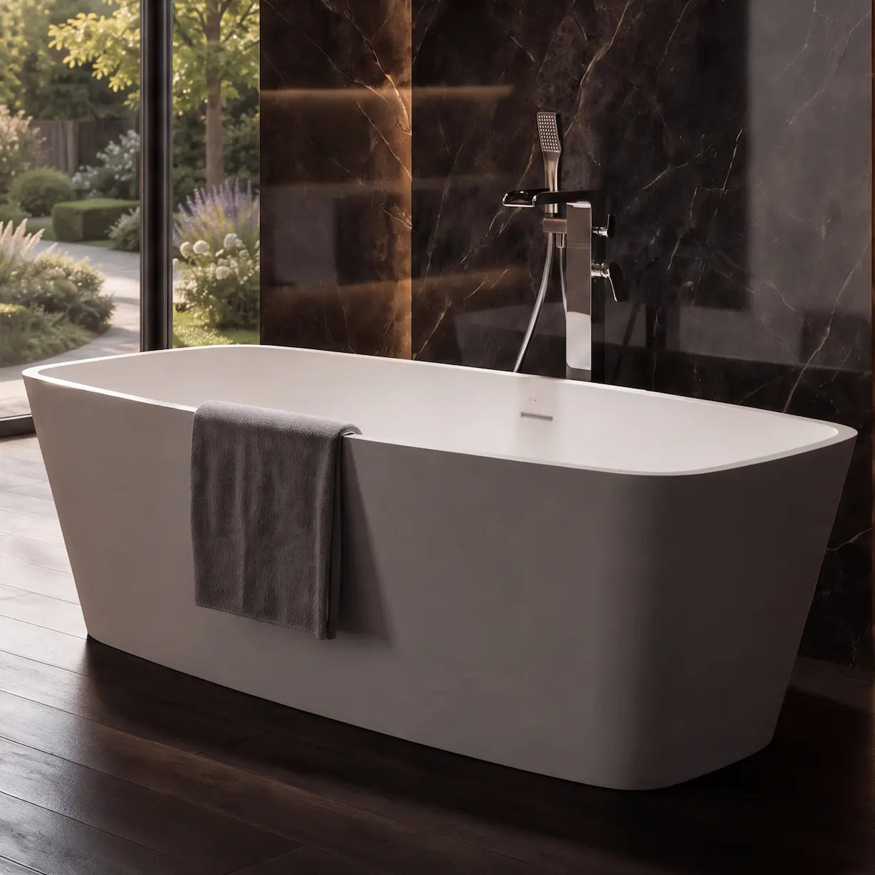 A modern freestanding bathtub in a luxurious bathroom with dark marble walls, wood flooring, and a large window overlooking a garden.