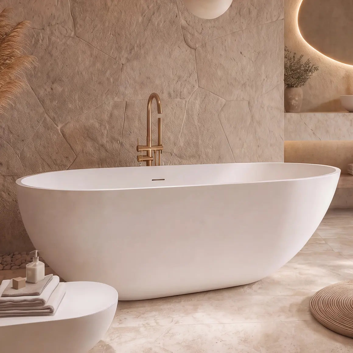 A modern freestanding oval bathtub in a minimalist beige stone bathroom with a matching round side table, pendant lights, a built-in vanity with a backlit oval mirror, and dried pampas grass decor.