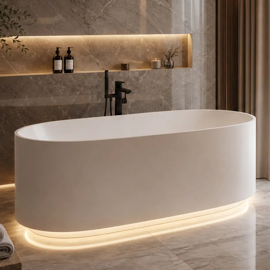 A modern luxury bathroom featuring a freestanding oval bathtub with warm under-light, marble walls and floor, a floating double vanity with a white vessel sink, and a large mirror.