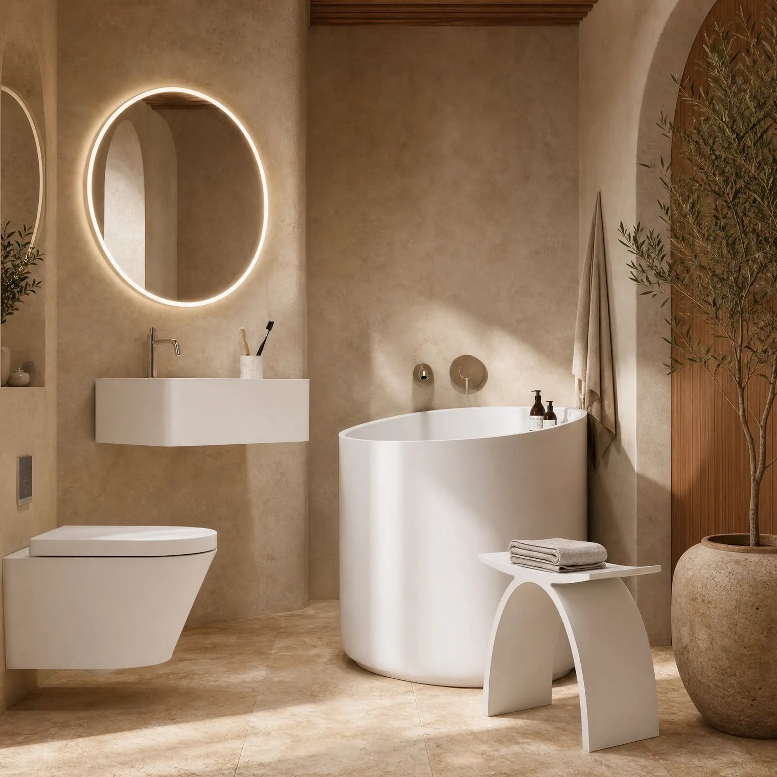 A luxury bathroom interior featuring a white freestanding bathtub, a wall-mounted white sink with an illuminated round mirror, a white wall-mounted toilet, and warm beige textured plaster walls and floor.