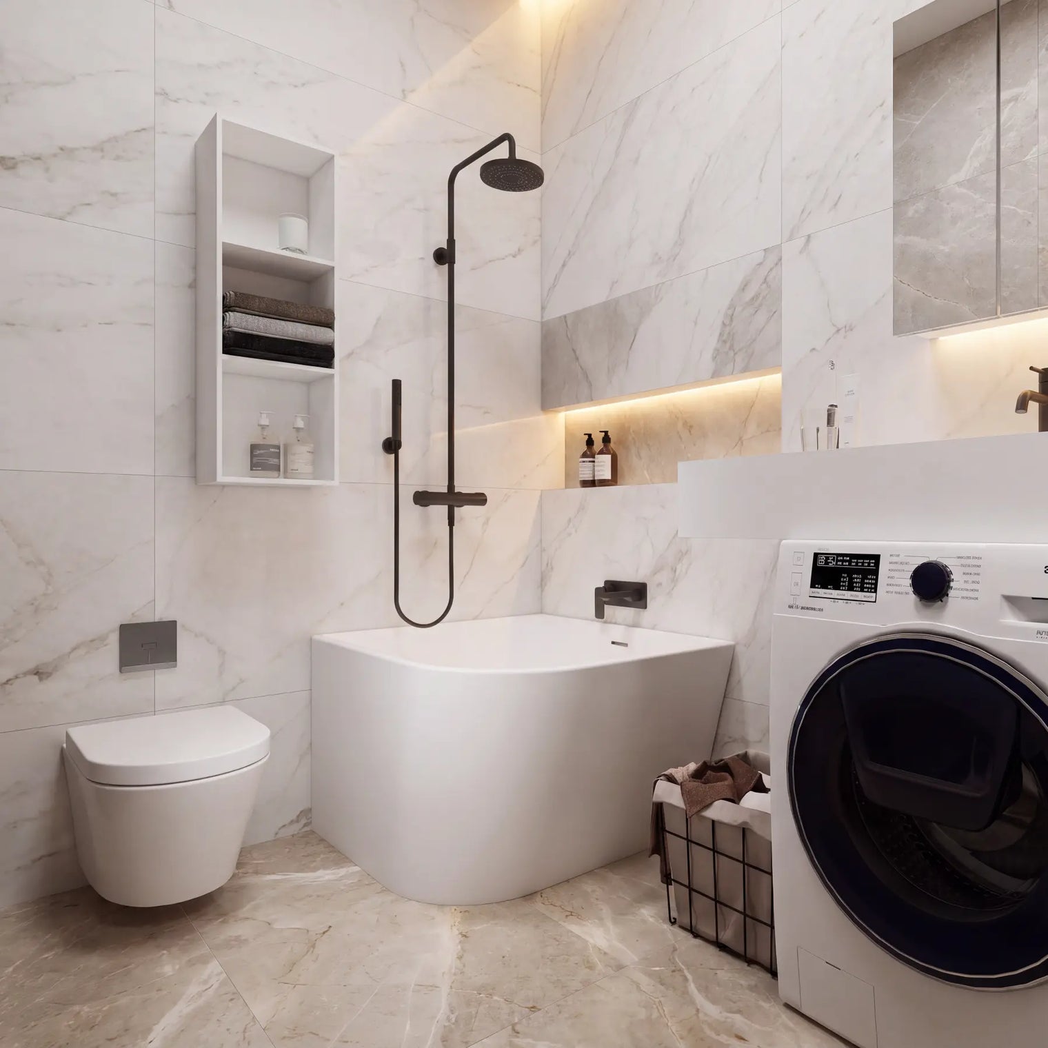 A modern bathroom scene featuring a white Samsung washing machine next to a freestanding white bathtub, with a black shower fixture, marble-look tiled walls and floor, and built-in shelving and mirror lighting.