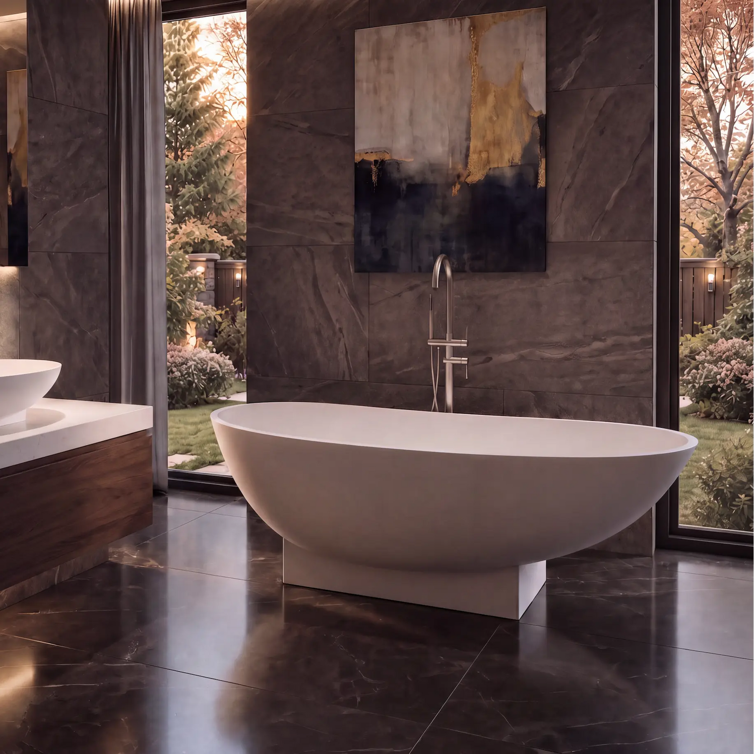 A modern freestanding oval bathtub in a luxury bathroom with dark stone walls and floor, a white vessel sink on a floating vanity, and large windows overlooking a garden.