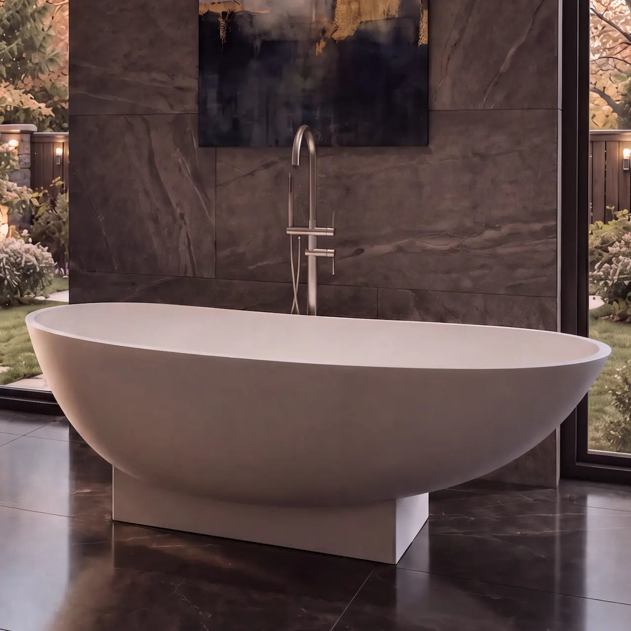 A modern freestanding oval bathtub in a luxury bathroom with dark stone walls and floor, a white vessel sink on a floating vanity, and large windows overlooking a garden.