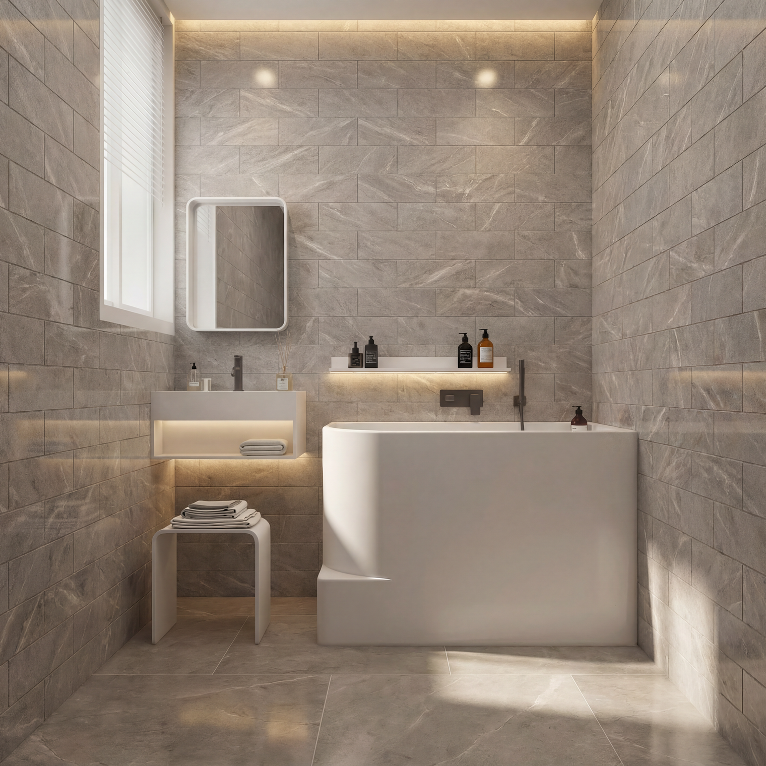 A modern bathroom interior with large gray stone-look tiles, a white freestanding bathtub, a white wall-mounted vanity with a mirror, and soft warm lighting.