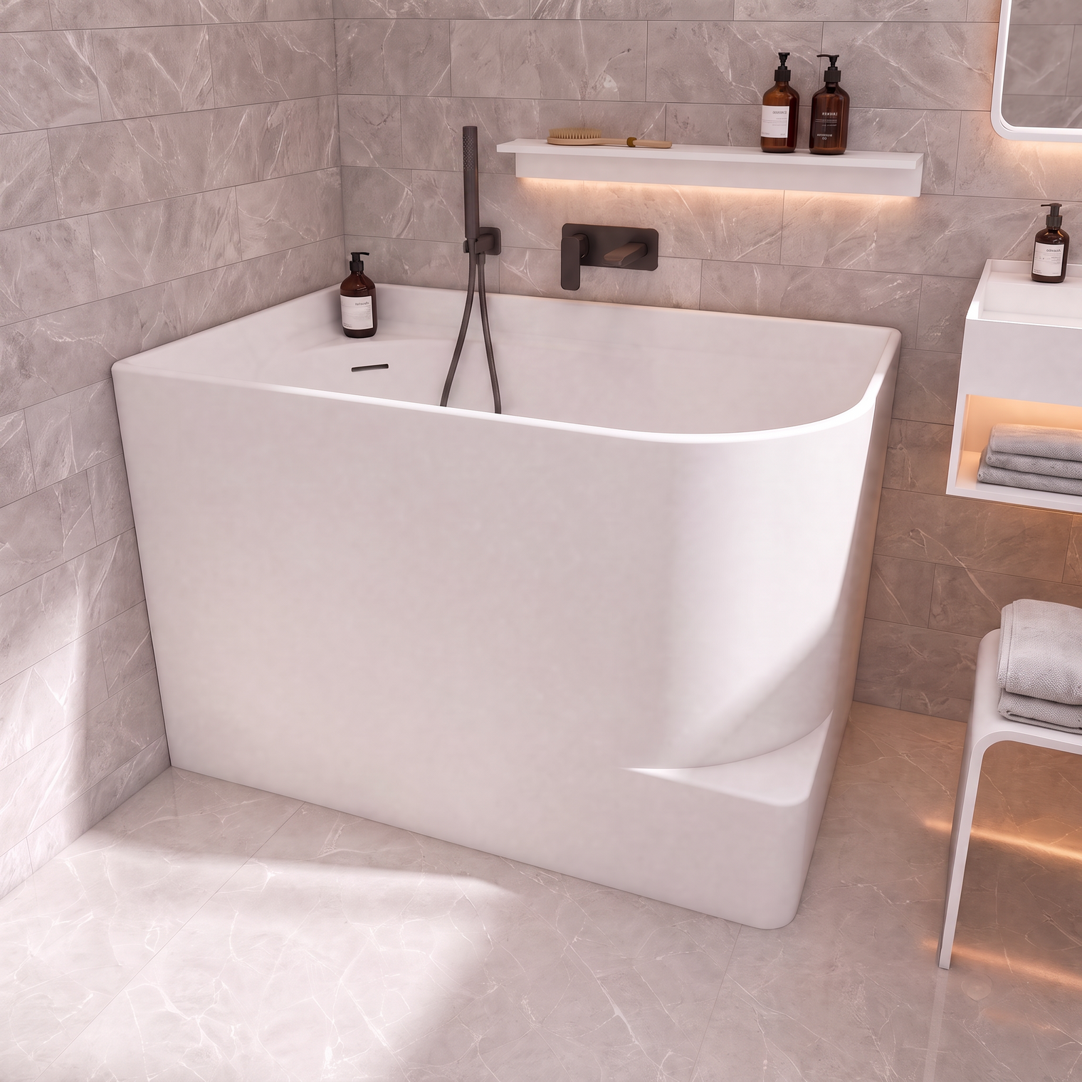 A modern freestanding bathtub in a light gray bathroom with matching tiled walls and floor, featuring a matte black wall-mounted faucet and small bottles on a shelf.