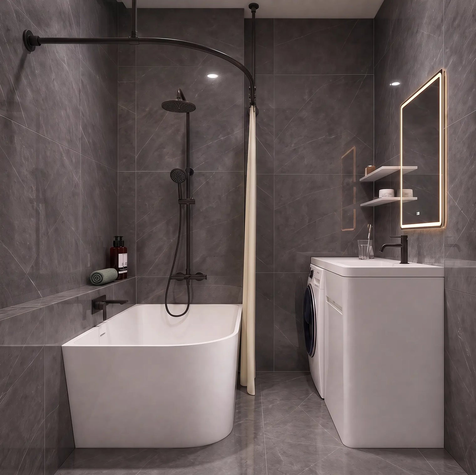 Modern bathroom interior with dark gray stone-look tiles, a freestanding white bathtub, a white vanity cabinet with sink and mirror, and a curved black shower rod.