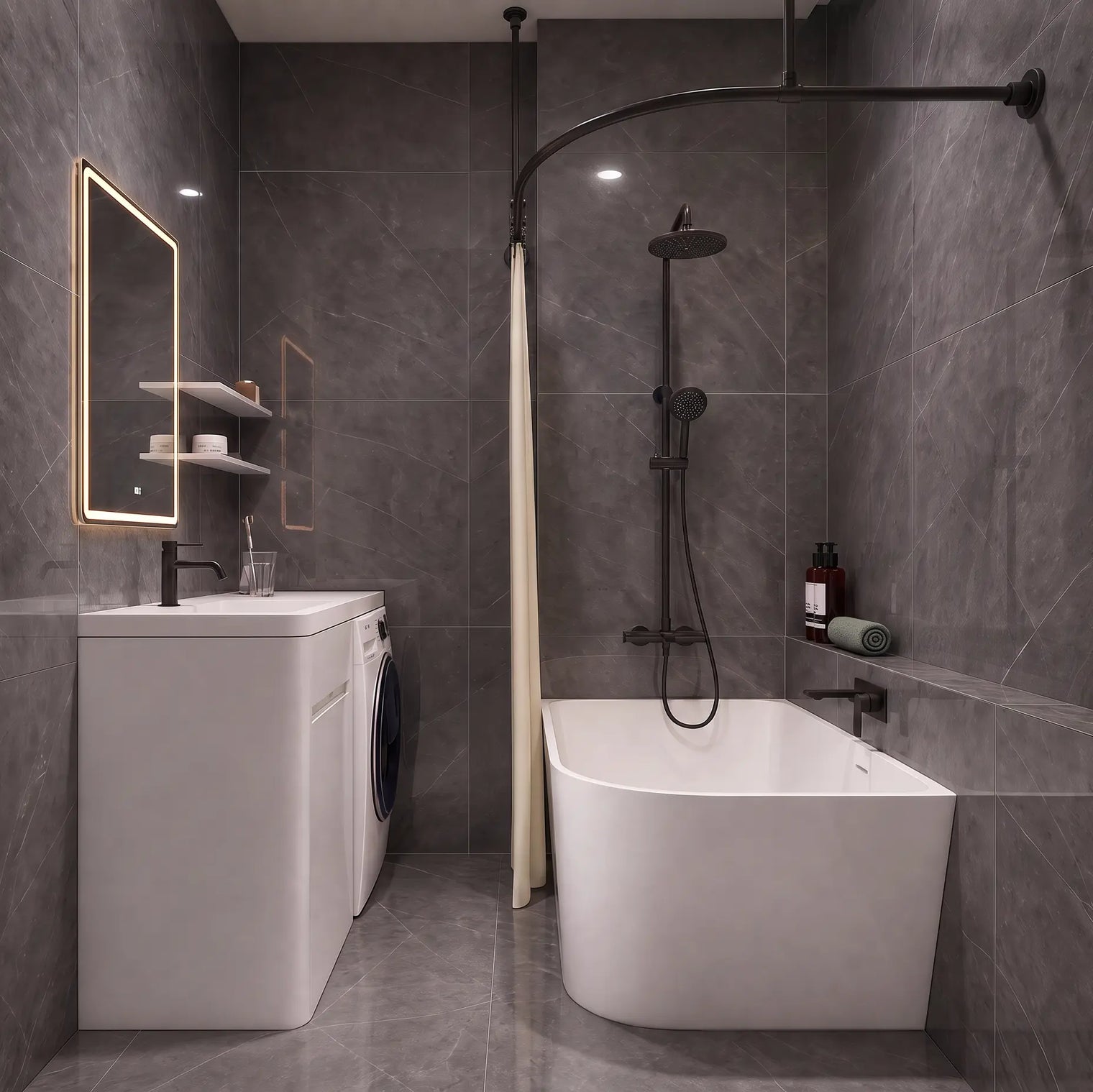 Modern bathroom interior with dark gray stone-look tiles, a freestanding white bathtub, a white vanity cabinet with sink and mirror, and a curved black shower rod.