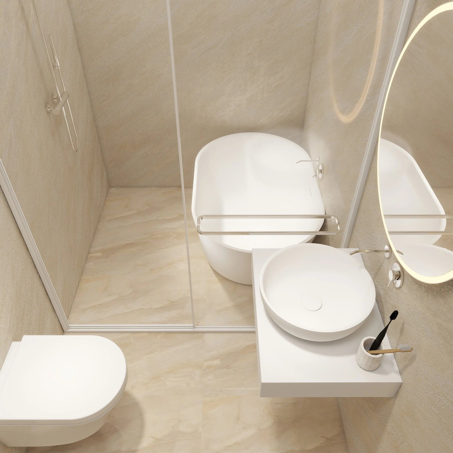 A modern bathroom interior with a white wall-mounted toilet, a white vessel sink on a floating shelf, a round backlit mirror, and a glass shower enclosure with beige stone tile walls and floor.