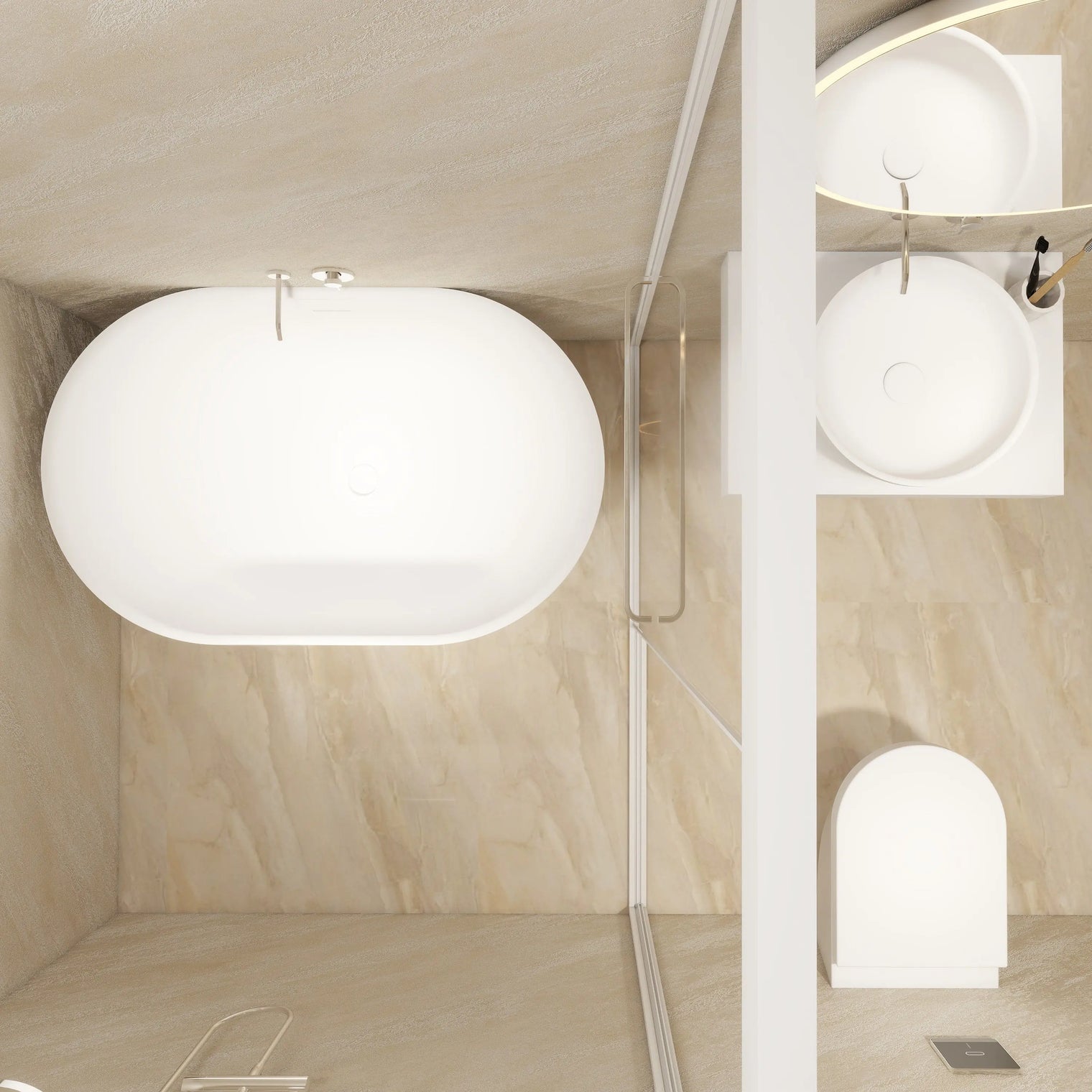 A modern bathroom interior with a large oval freestanding bathtub on the left, a glass shower enclosure, a wall-mounted white sink with a round basin and chrome faucet on the right, a white toilet below, and beige marble-look tiled walls and floor.