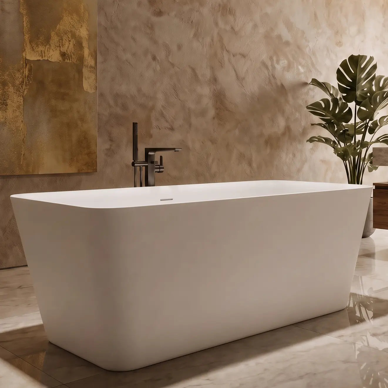 A modern freestanding white bathtub in a luxurious bathroom with textured beige stone walls, a large gold-toned abstract painting, a round wall mirror, and a wooden vanity.