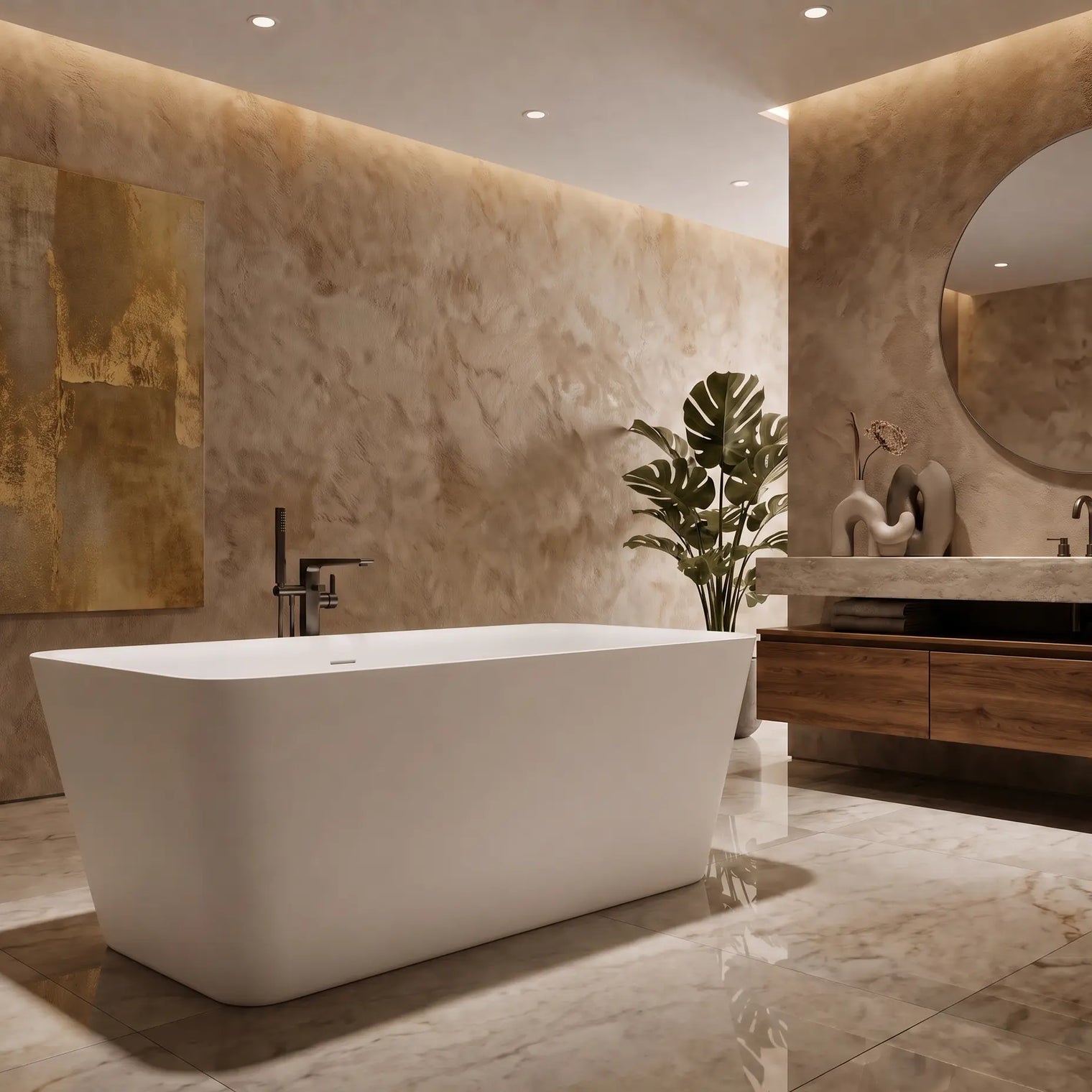 A modern freestanding white bathtub in a luxurious bathroom with textured beige stone walls, a large gold-toned abstract painting, a round wall mirror, and a wooden vanity.