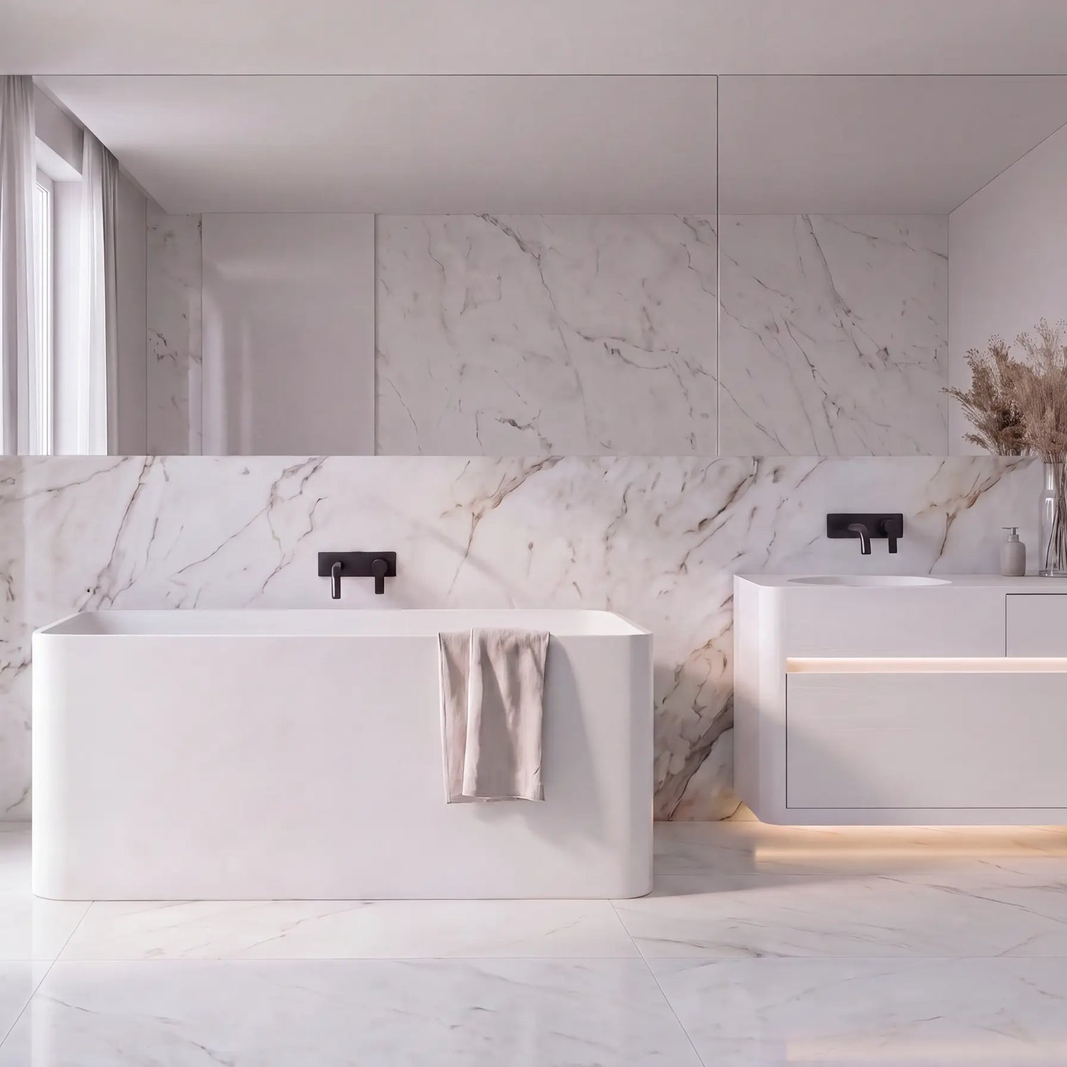 A modern bathroom interior with a white freestanding bathtub, a matching white vanity cabinet with integrated sink, marble-look wall and floor, black faucet fixtures, sheer curtains, and a mirror.