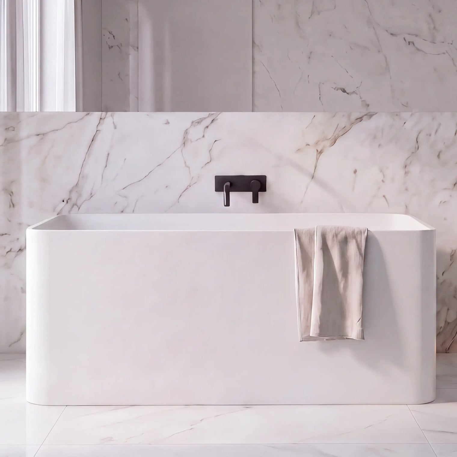 A modern bathroom interior with a white freestanding bathtub, a matching white vanity cabinet with integrated sink, marble-look wall and floor, black faucet fixtures, sheer curtains, and a mirror.